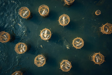 Aerial view capturing traditional fish traps floating in the water, showcasing cultural fishing practices