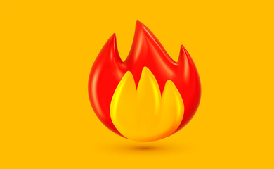 Vector illustration of red and yellow color glossy emoji fire. 3d cartoon style design of burning flame of fire on yellow background. Bonfire or campfire flame symbol