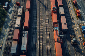 Aerial view captures the intricate network of railway tracks and freight train cars transportation