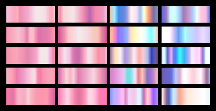 Vector set of different foil metallic gradient. 3d realistic style design. Collection of rose gold and holographic color shiny gradation texture. Background set. Metal effect