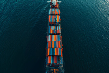 Aerial view of a large container ship transporting goods across the vast ocean, showcasing global trade