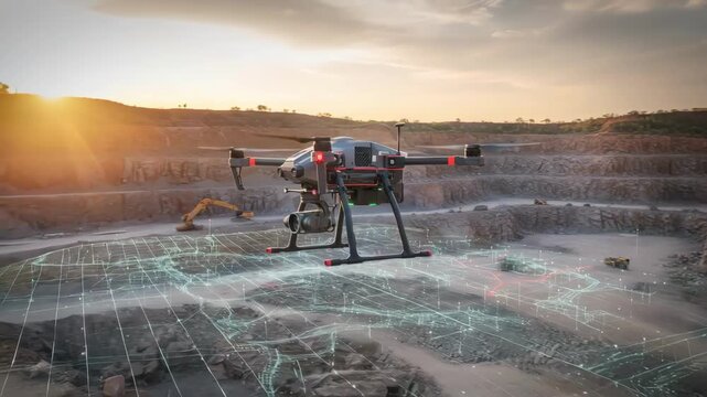 Medium shot of a drone flying over a rugged quarry capturing detailed aerial data for advanced mapping and structural analysis with precision sensors extending below.