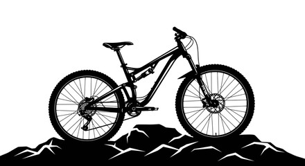 Fototapeta premium A black and white illustration of a mountain bike resting on a rocky terrain, showcasing its design.