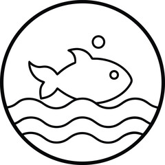 Black outline fish in wavy water inside circle on white background wave ocean