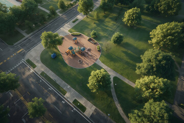 Aerial View of a Picturesque Park with Playground, Lush Greenery, and Winding Pathways