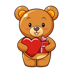 Obraz premium Adorable cartoon teddy bear holding a shiny red heart and a pink gift box with a bow perfect for expressing love and affection