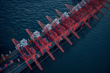 Aerial view of cargo ship with rows of red cranes against ocean waters for global trade