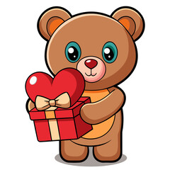 Obraz premium Adorable cartoon teddy bear holding a red heart shaped gift box with a bow perfect for valentine s day