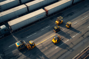 Aerial view of cargo trucks and forklifts at a logistics hub ready for transporting goods