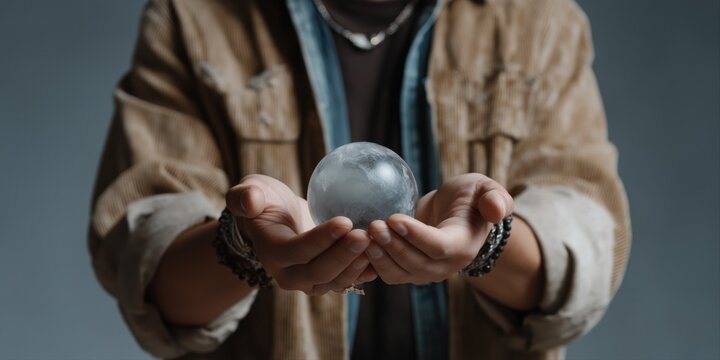 Young african male holding ice sphere in hands with calm and focused expression