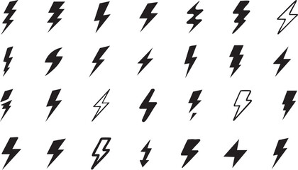 Lightning bolt icon set. Flash symbol, thunderbolt, blitz lightnings strike sign. Electric energy black silhouettes, power concept. Vector isolated dynamic sports logo set.