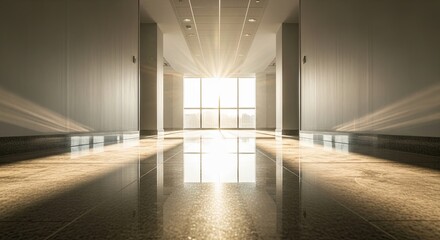 Bright Office Hallway With Sunlight And Reflections