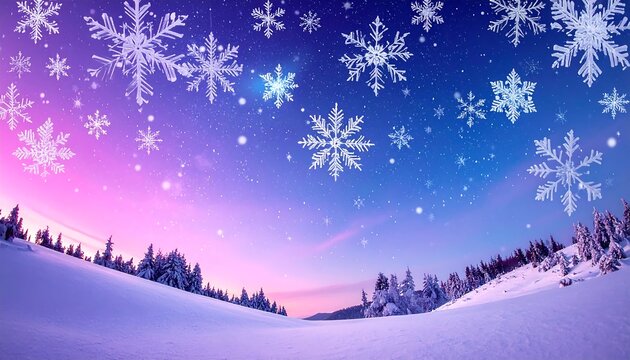 Winter landscape with snowflakes and colorful sky