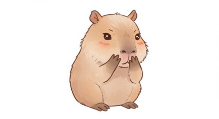 Fototapeta premium a cute cartoon capybara covering face with paws anxious mood in watercolor style isolated on white background