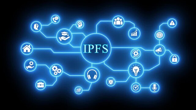 IPFS Inter Planetary File System Network Diagram with Icons and Blue Neon Lights on Black Background