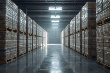 Aisles of stacked packages in a vast warehouse create a visually impressive display