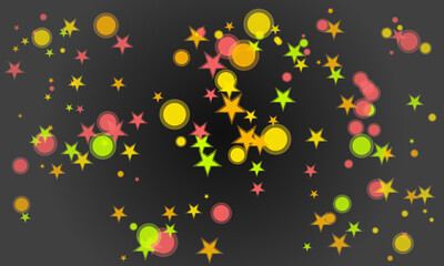 Abstract background with colorful stars and circles floating on dark backdrop