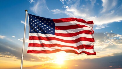 American flag waving proudly in a vibrant sunset sky