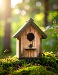 A small wooden birdhouse sits atop mossy ground in a sunlit forest