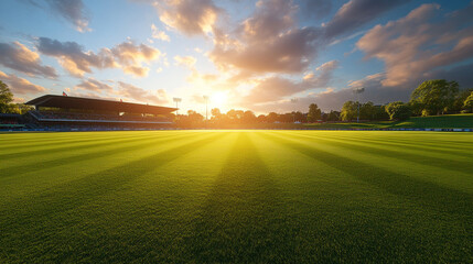 A vibrant cricket stadium under a clear blue sky with bright daylight, capturing the energy and excitement of the game, ideal for sports, events, and outdoor activity visuals.
