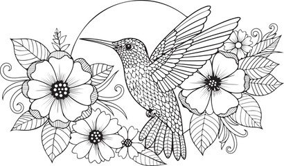 Black and white line art illustration of a hummingbird surrounded by flowers and leaves with a circular halo
