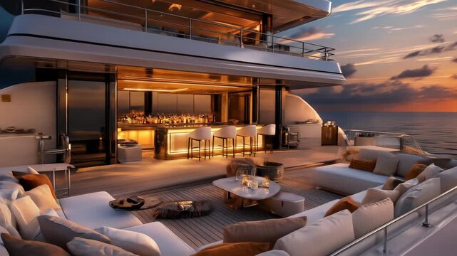 Opulent yacht deck featuring illuminated bar and comfortable lounge at sunset over ocean