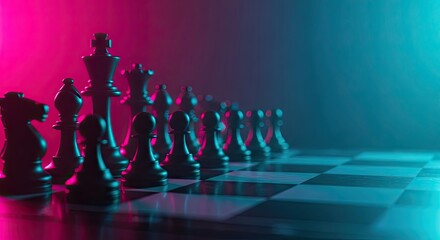 Strategic Chess Game Illuminated by Neon Lights