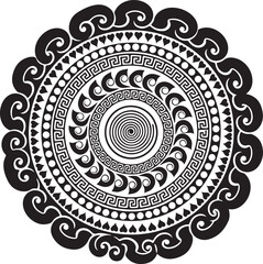 Intricate black and white circular mandala design with Greek key patterns and floral elements vector