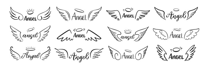 Wings hand drawn lettering Angel, halo between sketch wings, modern tattoo design, celestial sign and freedom, heaven symbol. Vector isolated set