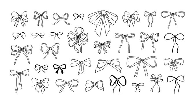 Doodle bow. Vintage sketch gift box bow ribbon, cute birthday party, wedding card invitation design, hand drawn bowtie for present retro graphic. Vector isolated set