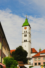Obraz premium The belfry of the Parish Church of St. Martin in Wangen im Allgäu, Ravensburg district, Baden-Württemberg, Germany