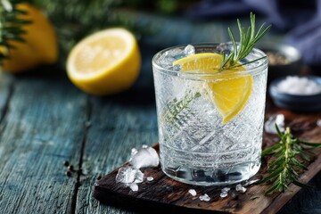 Fototapeta premium Refreshing cocktail with lemon and rosemary on wooden surface
