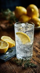 Fototapeta premium Refreshing drink with lemon slices and ice on wooden table