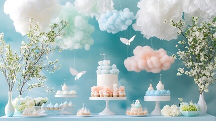 Whimsical cloud themed birthday celebration with sweet treats