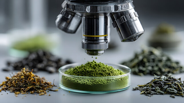 Green powder sample in petri dish under microscope with dried green tea leaves arranged on lab table. Laboratory setup for scientific research pharmaceutical.