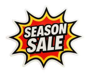 Fototapeta premium Bold explosion-shaped sticker with SEASON SALE in striking lettering, vibrant retail discount promotion on transparent background.