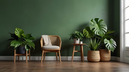 Cozy corner with tropical plants and woven chair in a green room