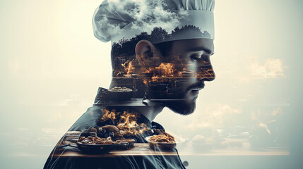 Chef profile blended with ingredients and gourmet dish symbol of culinary passion and artistry in cooking 