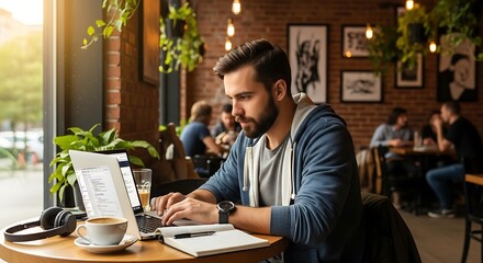 Obraz premium young businessman working on laptop in cafe