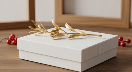 Elegant White Gift Box with Golden Olive Branch and Red Berries