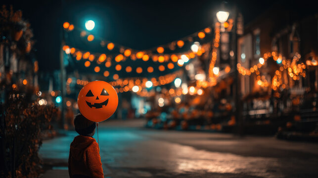Child holding jack-o'-lantern balloon on evening city street, trick or treat, Halloween, space for text, October 31, scary face, holiday decor, party, pumpkin, All Saints' Day