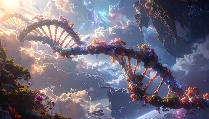 Surreal representation of a DNA structure floating in a celestial sky