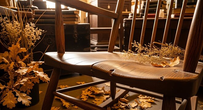 Antique Wooden Chair with Autumnal Accents: A weathered wooden chair stands as a testament to history. Adorned with delicate autumnal leaves and dried foliage.