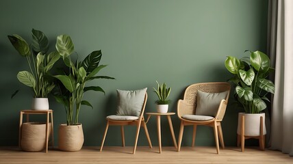 Cozy living room corner with lush green plants and wicker chairs