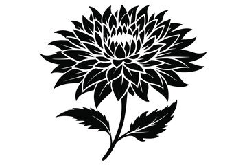 Black Dahlia Flower Illustration Graphic Floral Design with Stem and Leaves in Silhouette Style