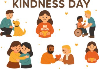 A cheerful flat-style illustration celebrating Kindness Day, depicting diverse people and moments of compassion such as helping others, hugging, caring for animals, and sharing hearts to spread love a