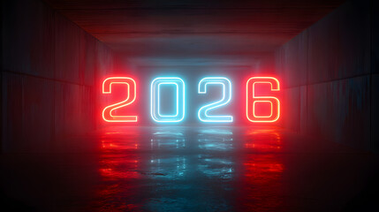 Glowing Neon Number 2026 in a Dark Underground Tunnel for a Futuristic New Year Event