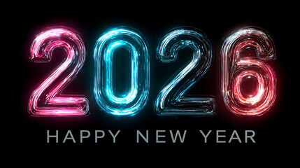 Glowing Neon Light inside a Glass Number 2026 for a Happy New Year on Black Background