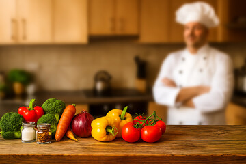 Fresh vegetables and chef in the background in a blurred kitchen