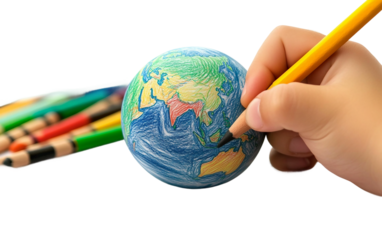 Creative child drawing the planet Earth with colorful crayons promoting imagination education and environmental awareness isolated on transparent background PNG
